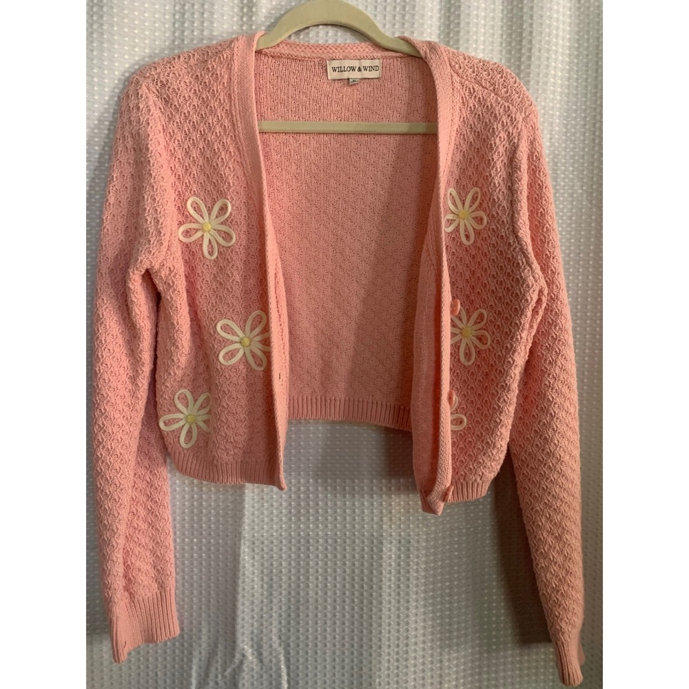 Willow & Wind Pink Daisy Floral Embroidered Cropped Cardigan Sweater Womens M
